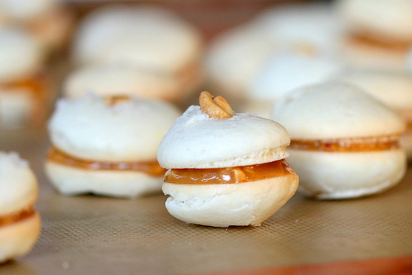 Tray full of Salted Caramel and Peanut Macarons