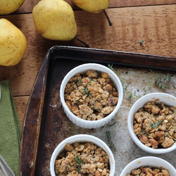 gluten free honey pear crisp with hazelnuts and thyme
